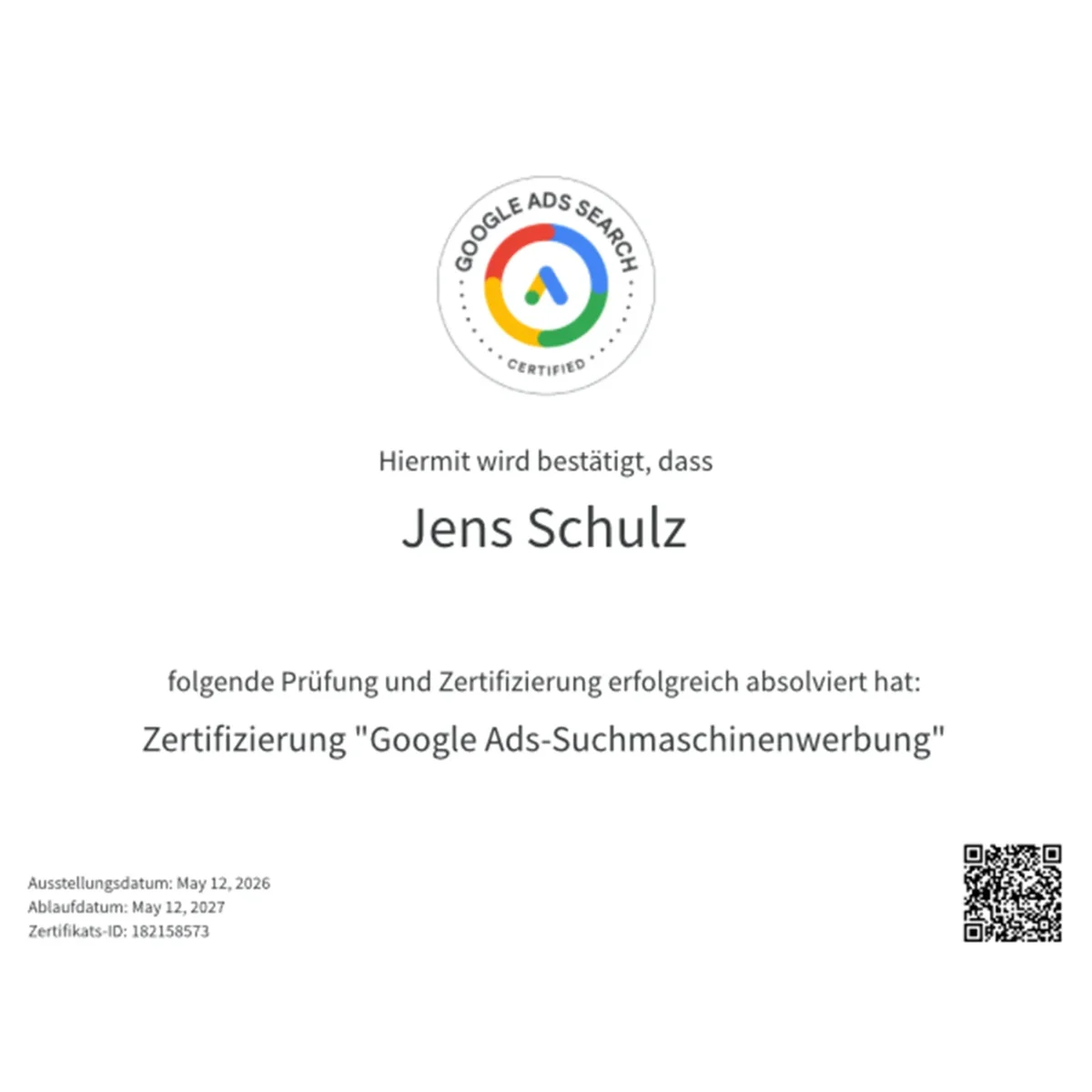 Google Ads Zertifizierung Suchmaschinenwerbung – Jens Schulz