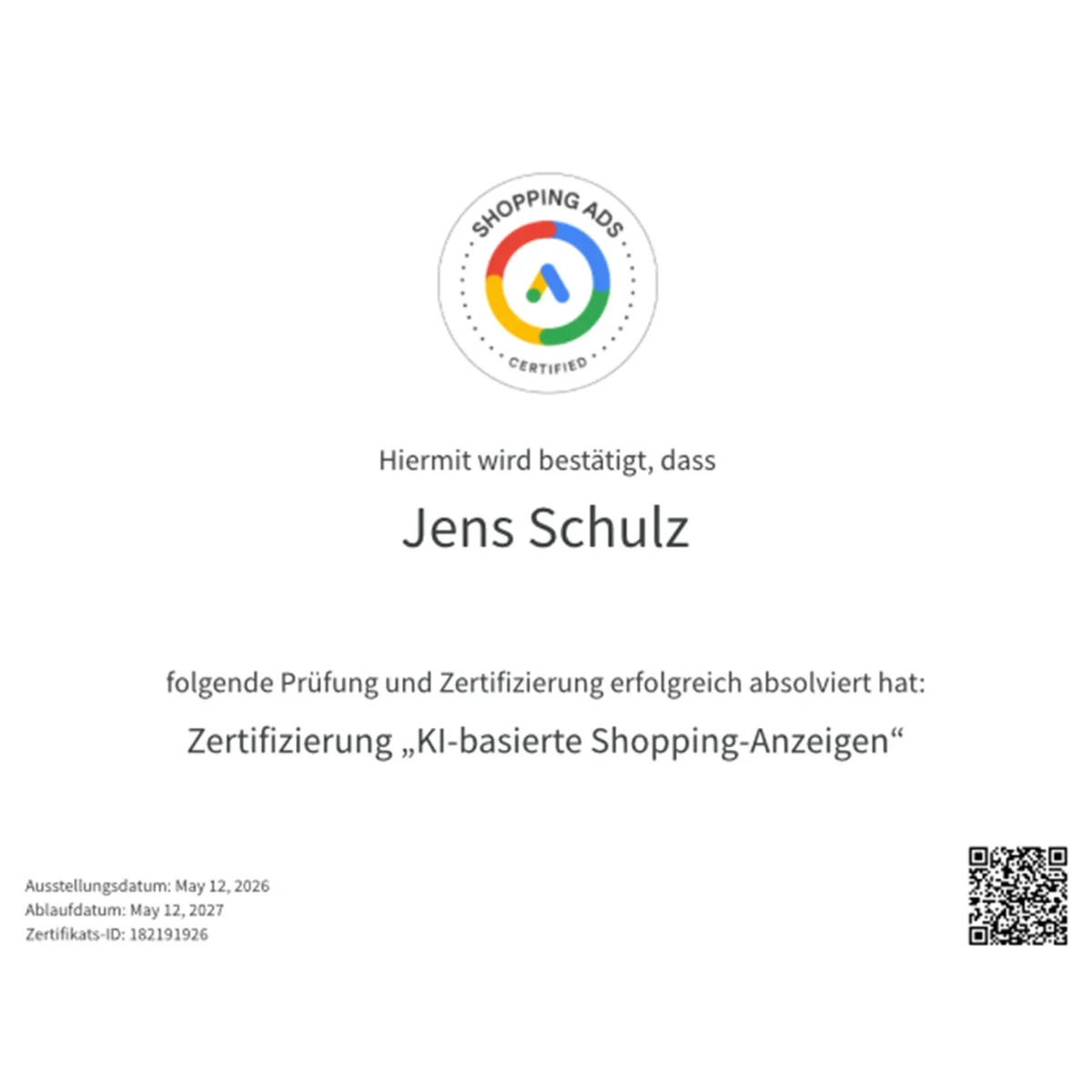 Google Ads Zertifizierung KI-basierte Shopping-Anzeigen – Jens Schulz