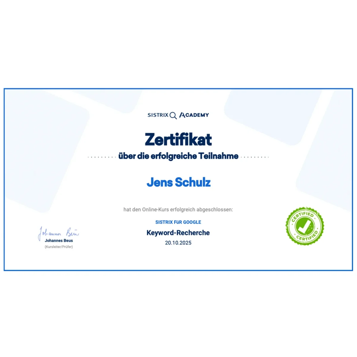 Zertifikat Keyword-Recherche – Jens Schulz