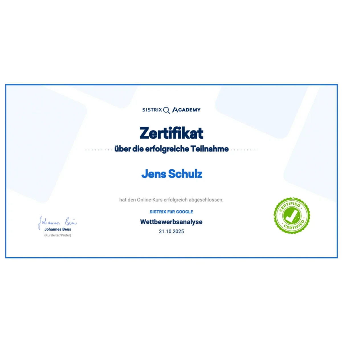 Zertifikat Wettbewerbsanalyse – Jens Schulz