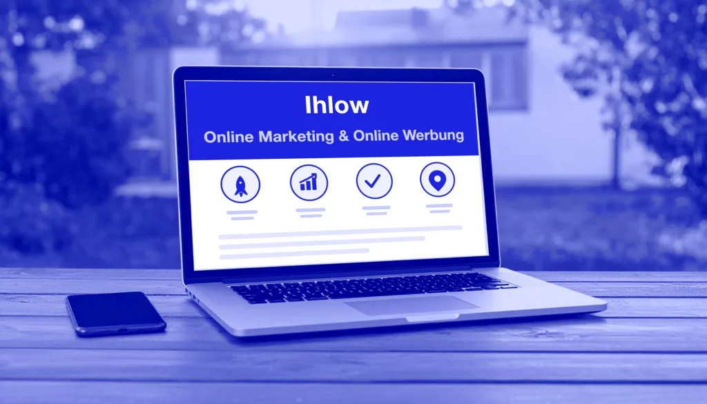 Online-Werbung für Ihlow – Laptop im Garten mit Smartphone