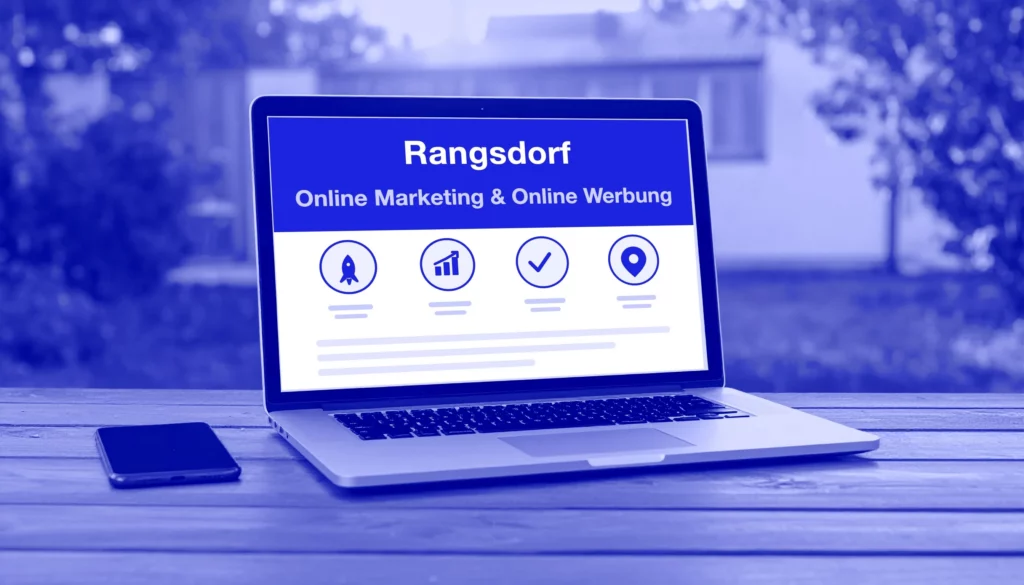 Online-Werbung für Rangsdorf – Laptop im Garten mit Smartphone